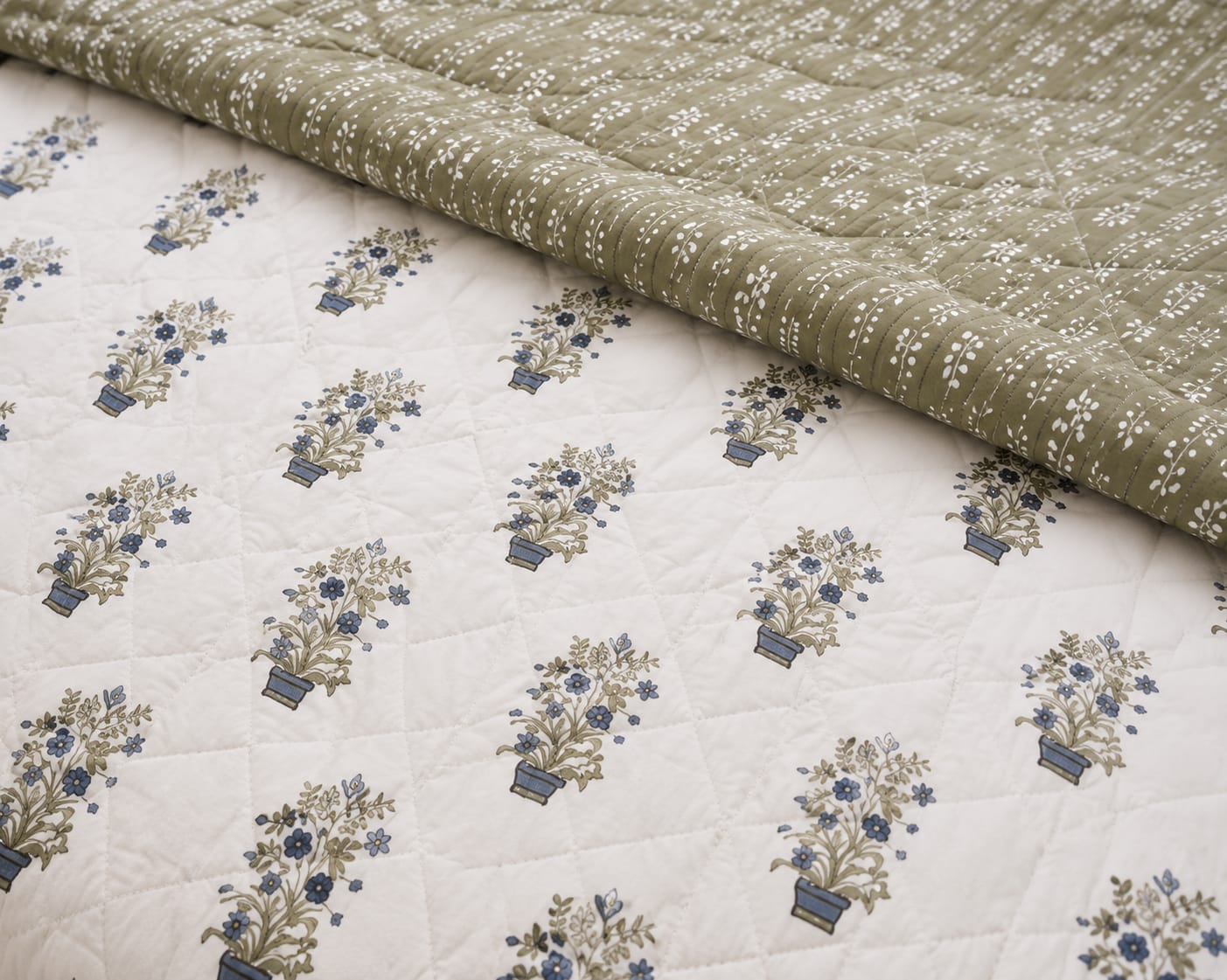 Ivory & Olive Floral Motifs Reversible Double Bed-100%Cotton AC Dohar