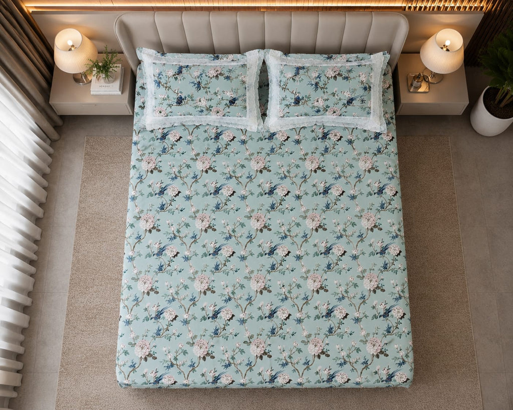True block - Celestial Bloom Premium Bedsheet Set - 100% cotton with lace pillowcases