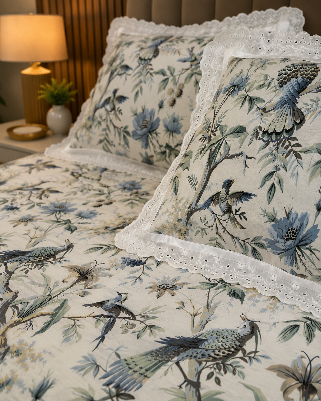 True block Bluebird Botanical 100% Cotton Bedsheet with Lace Pillow Covers- ivory white