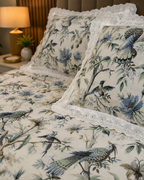 True block Bluebird Botanical 100% Cotton Bedsheet with Lace Pillow Covers- ivory white