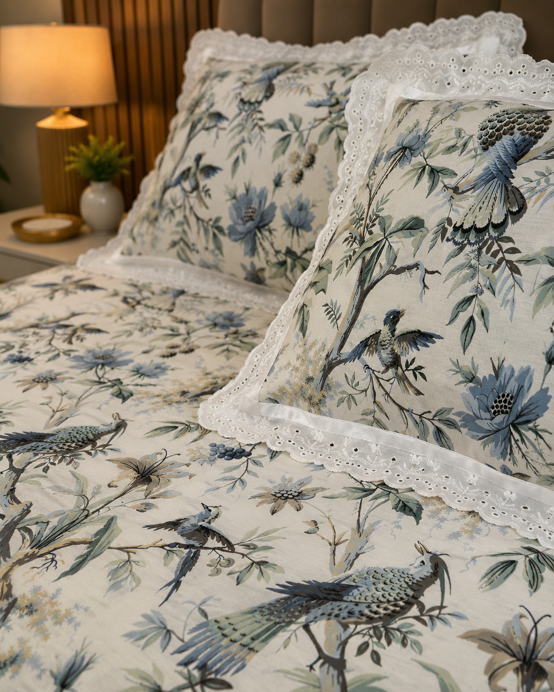 True block Bluebird Botanical 100% Cotton Bedsheet with Lace Pillow Covers- ivory white