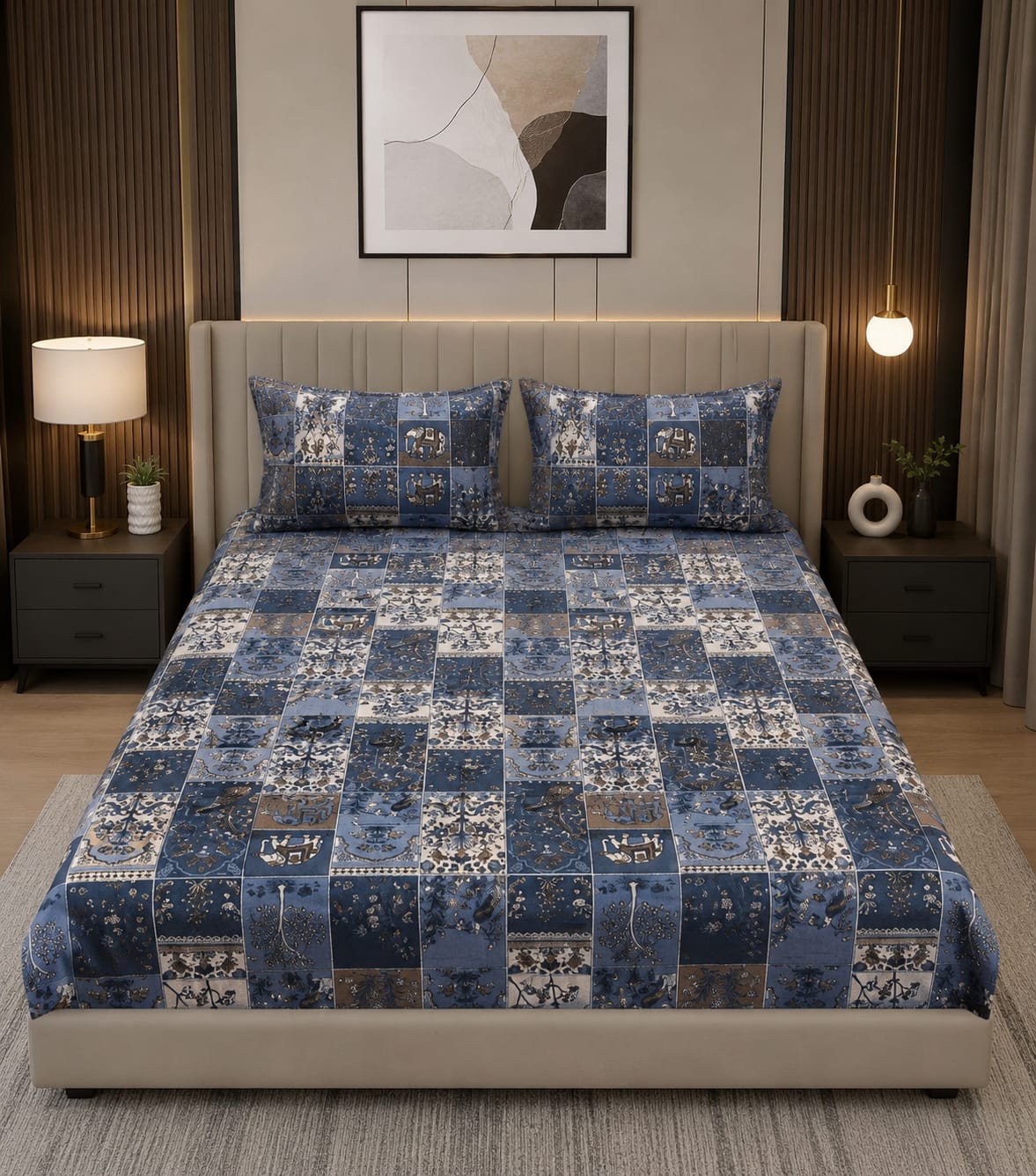 Oscar -Jaipur Heritage Indigo Patchwork Elephant Print 100% Cotton Bedsheet with 2 Pillow Covers