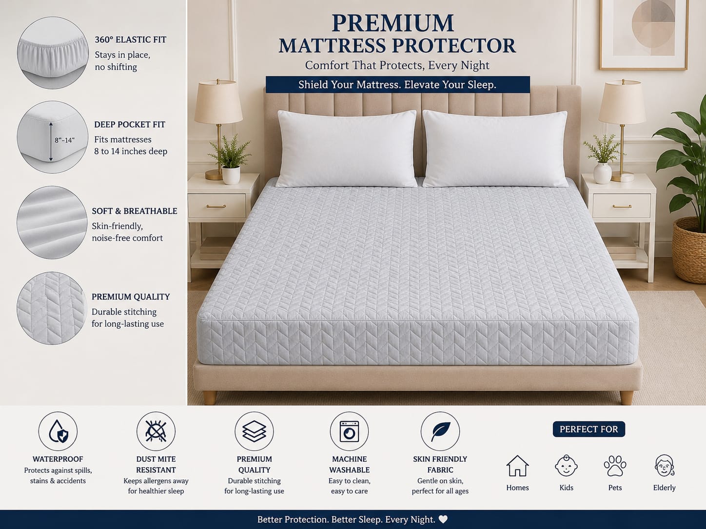 Casper Premium Quilted waterproof mattress protector - soft breathable fitted bed cover -  Pearl Grey