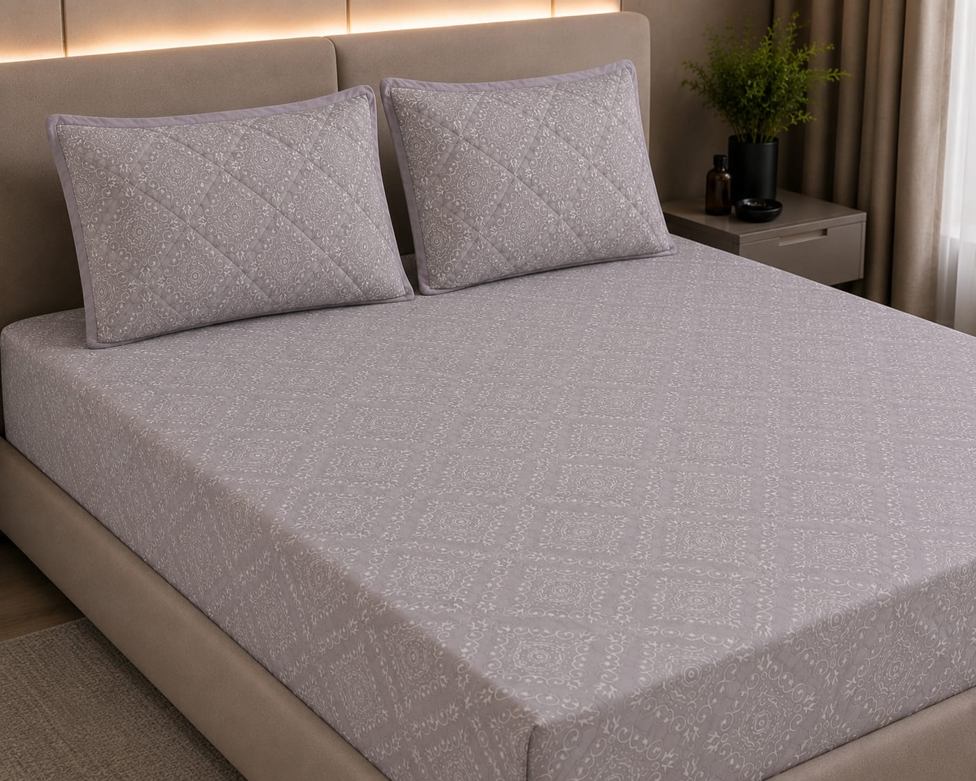 Rockstar - Mist Grey Regal Damask Premium -100% Cotton Bedsheet Set With Quilted Pillowcovers