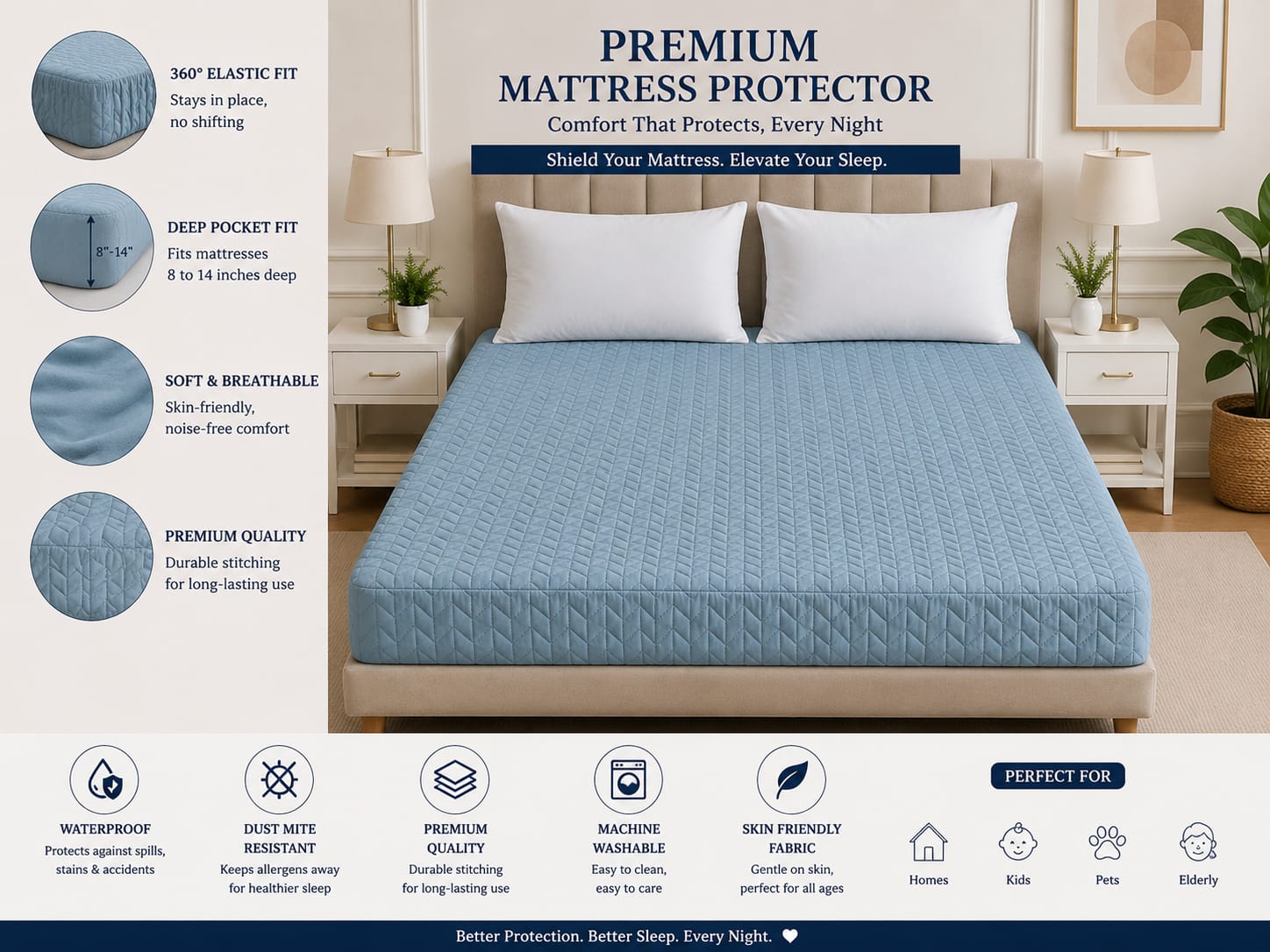 Casper Premium Quilted waterproof mattress protector - soft breathable fitted bed cover - sky blue