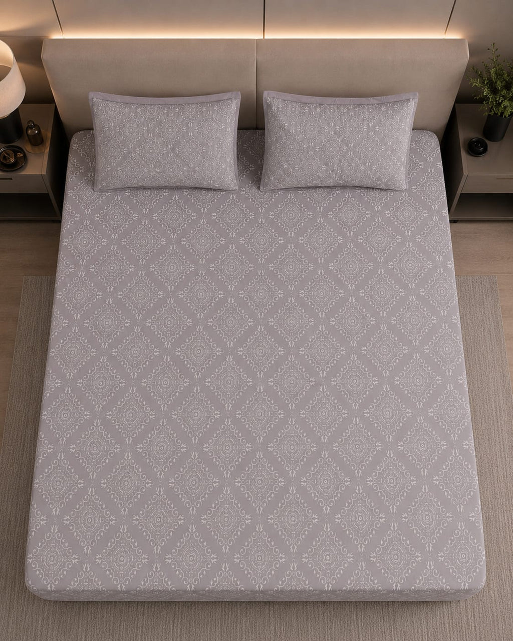 Rockstar - Mist Grey Regal Damask Premium -100% Cotton Bedsheet Set With Quilted Pillowcovers