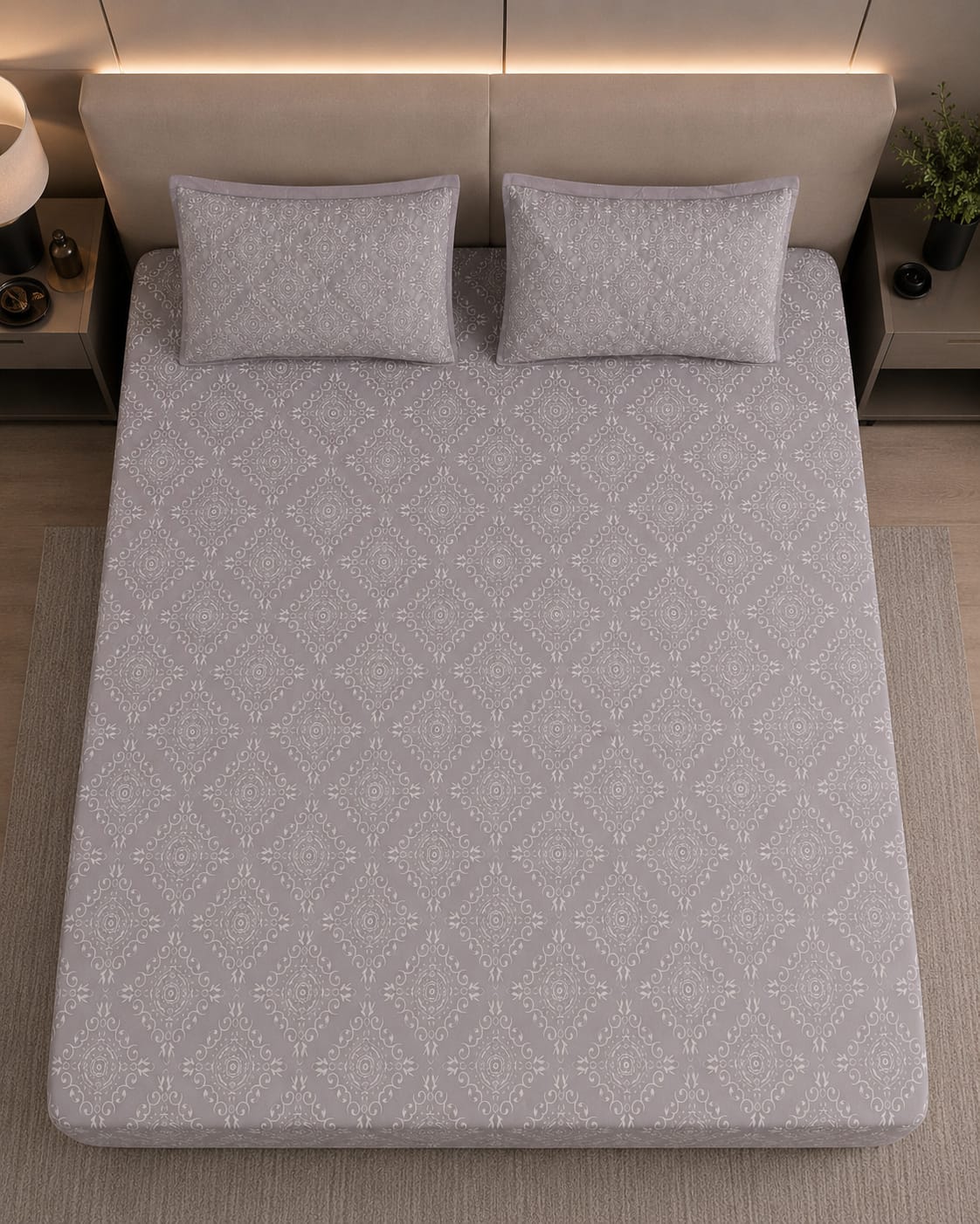 Rockstar - Mist Grey Regal Damask Premium -100% Cotton Bedsheet Set With Quilted Pillowcovers