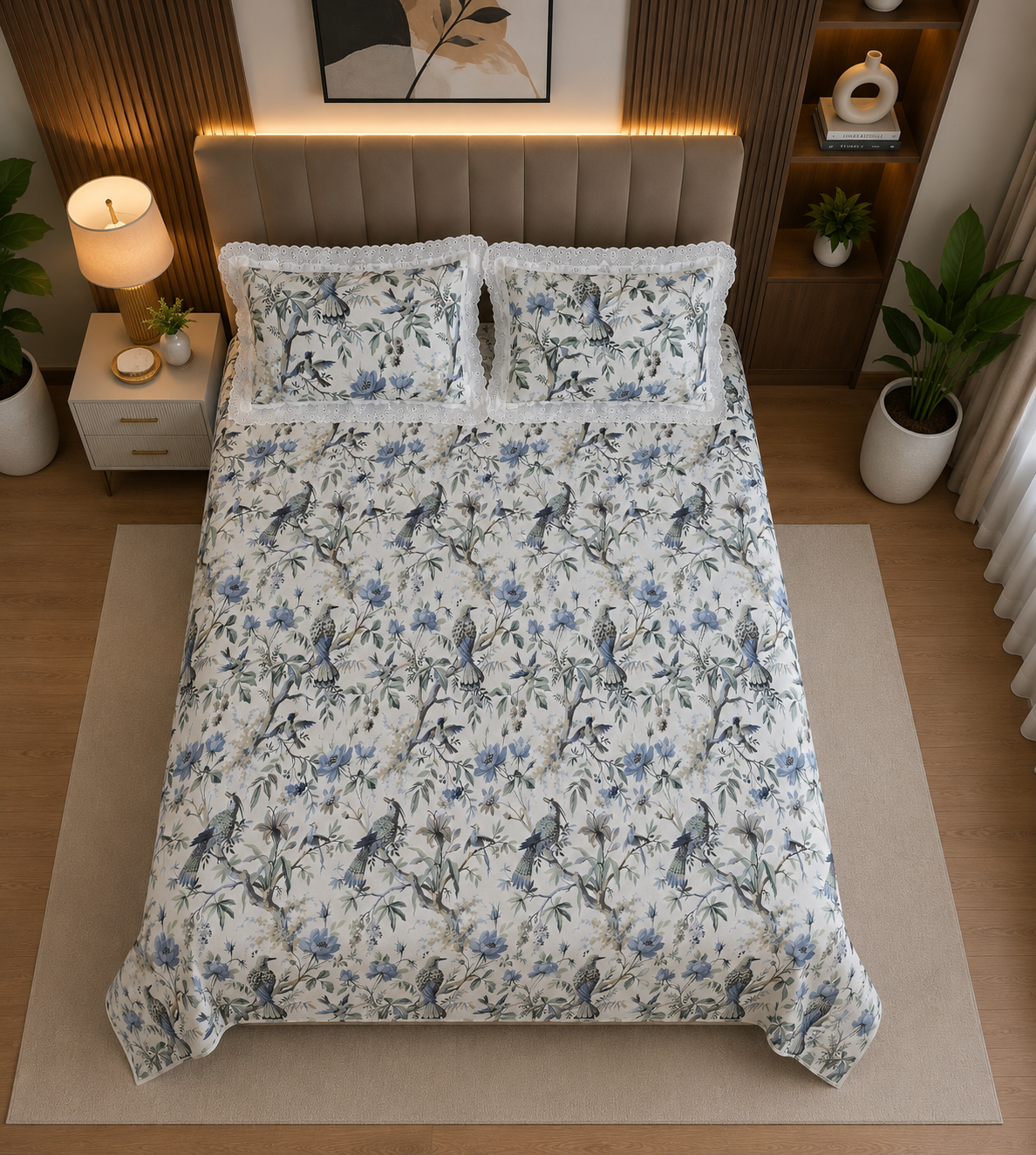 True block Bluebird Botanical 100% Cotton Bedsheet with Lace Pillow Covers- ivory white