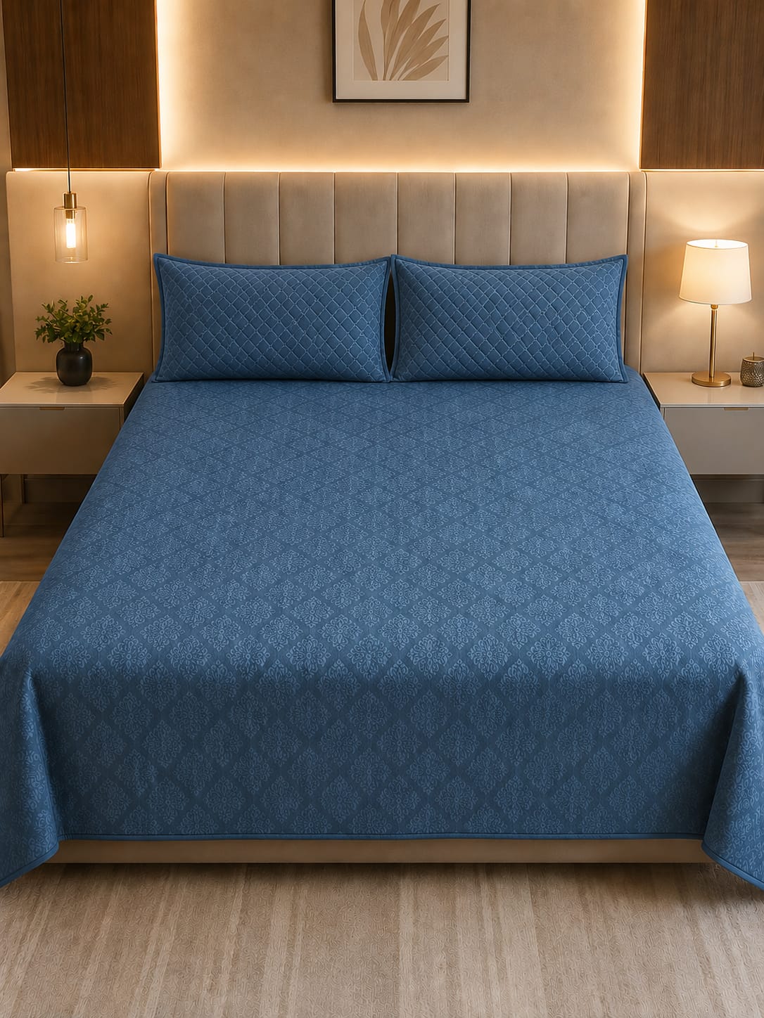 Embrose - Sapphire Royale Diamond Quilted Cotton Bedsheet – Elegant Blue Collection