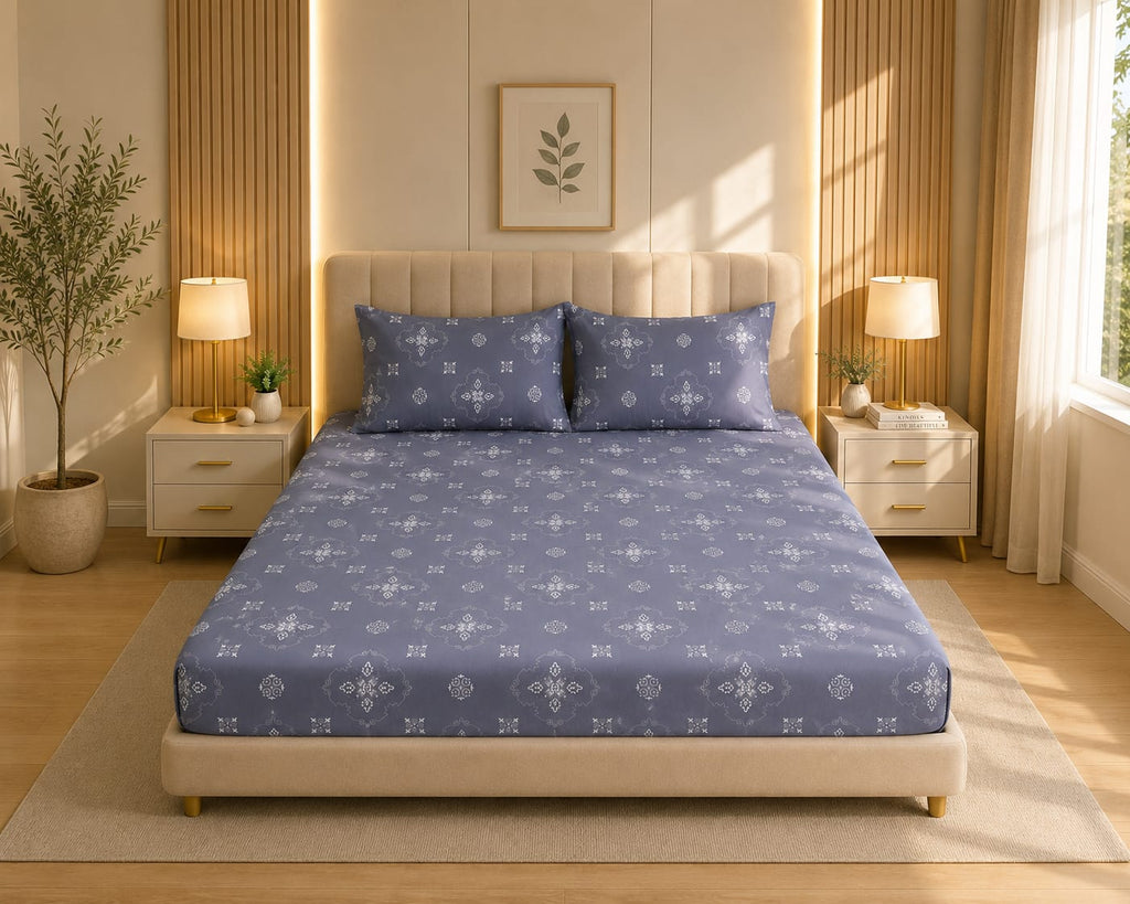 Glitter bedding - Slate blue Heritage Damask 100% Cotton Bedsheet Set Premium Floral Motif