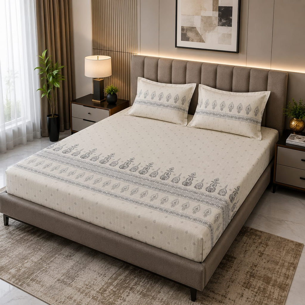 Dhurandhar Jaipur Heritage Ivory Paisley Border 100% Cotton Bedsheet – Ivory Grey”
