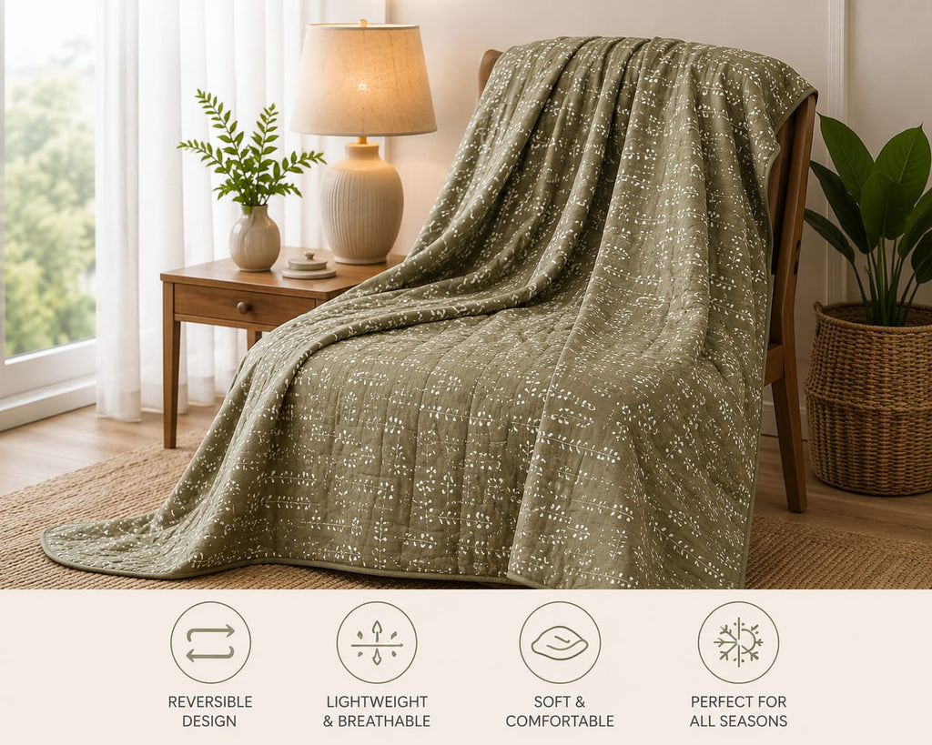 Ivory & Olive Floral Motifs Reversible Double Bed-100%Cotton AC Dohar